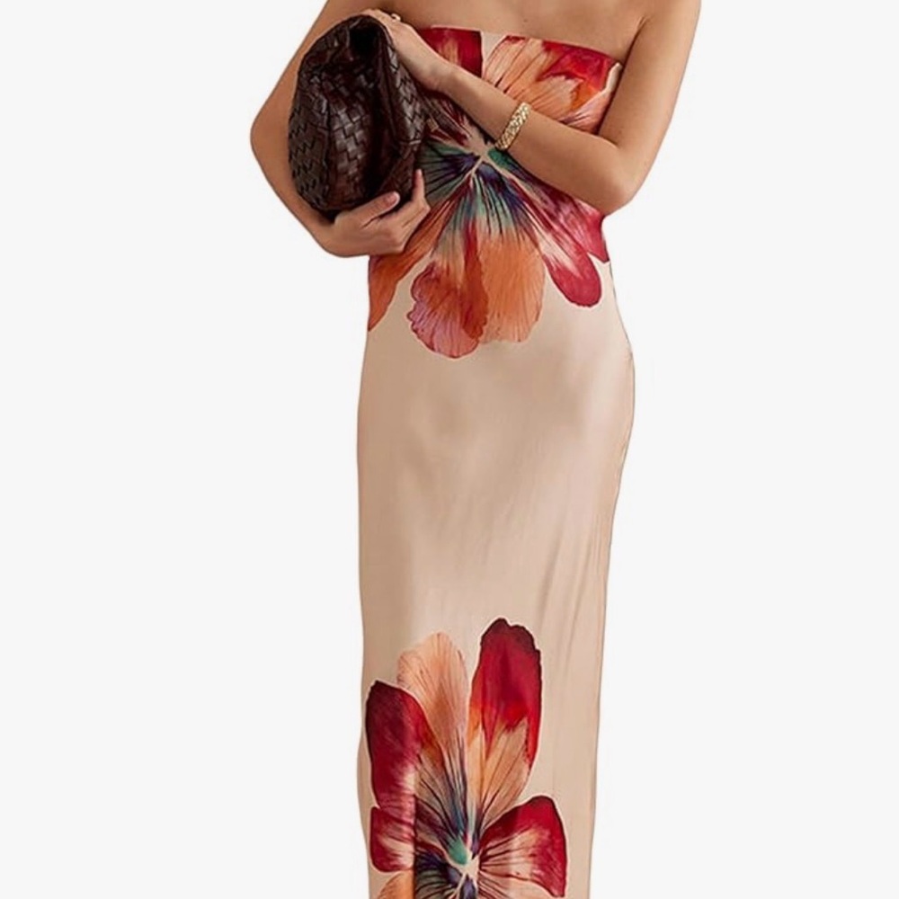 Floral Strapless Maxi Dress - Cream and Red